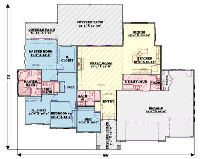 Main floor plan drawing with 3BR, 3.5BA, great room, den, kitchen, dining, 3-car garage, 2 covered patios, and porch. House Plan # 3371-00003