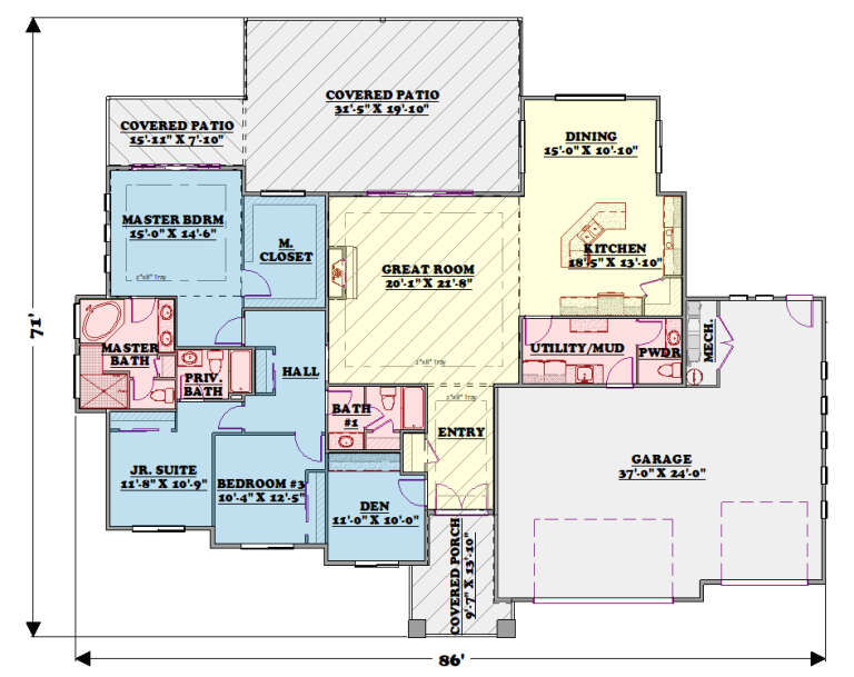 Main floor plan drawing with 3BR, 3.5BA, great room, den, kitchen, dining, 3-car garage, 2 covered patios, and porch. House Plan # 3371-00003
