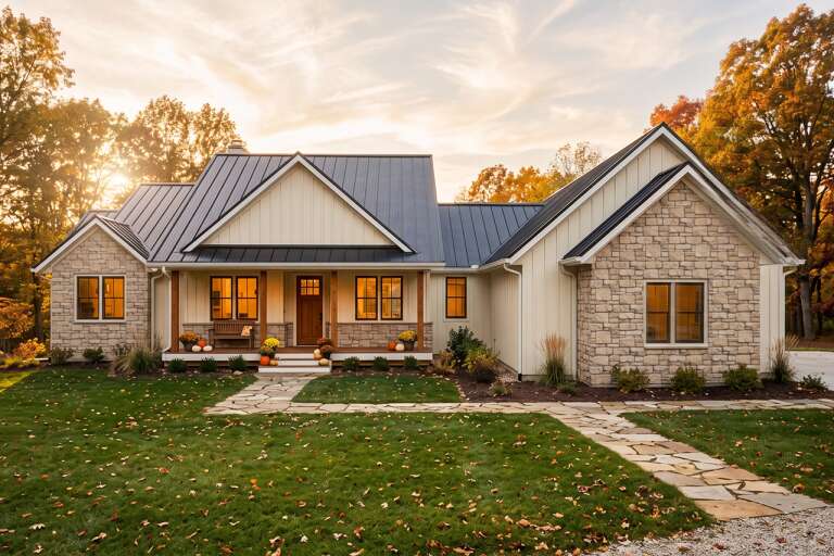 Front view of a cream house in Modern Farmhouse style, stone siding, metal roof, covered porch, and flagstone walkway. House Plan # 5460-00025
