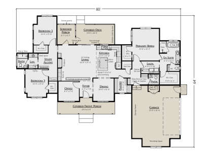 Main floor plan drawing with 3BR, 2.5BA, living, dining, office, kitchen, pantry, Ldry, 2-car garage, porch, and deck. House Plan # 5460-00025