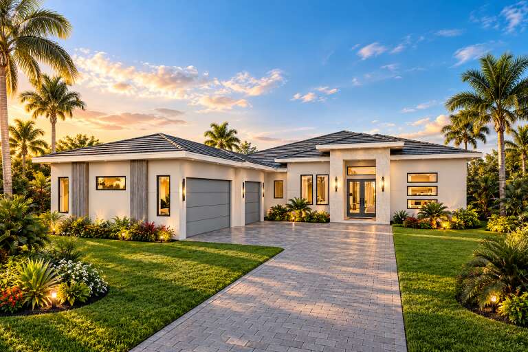 Angled front view of a white Contemporary house, stone accents, grey garage doors, hip roof, and tropical landscaping. House Plan # 5565-00199