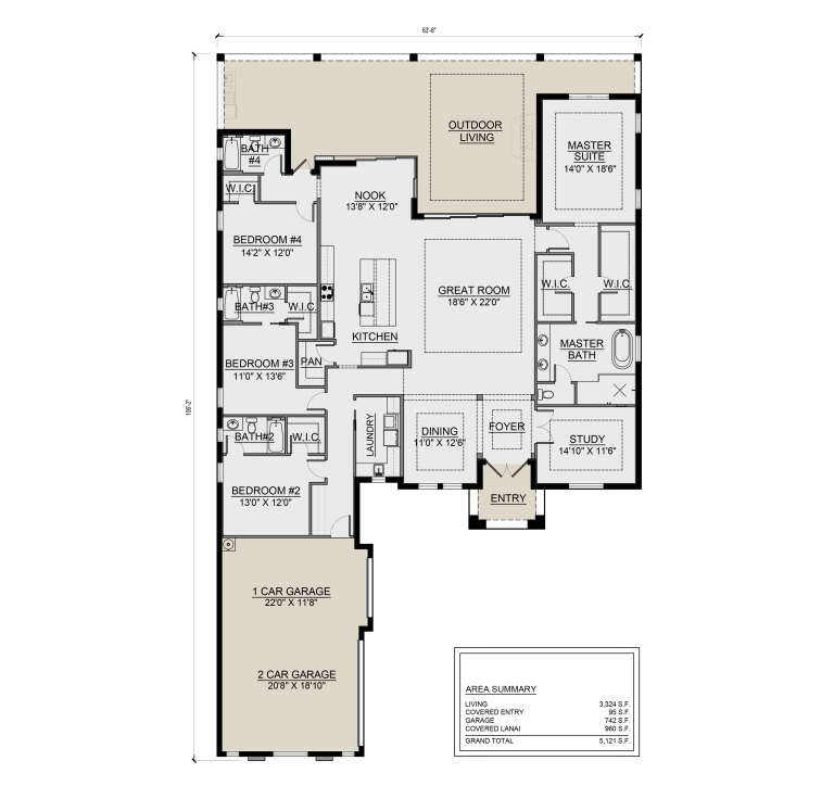 Main floor plan drawing with 4BR, 3.5BA, great room, kitchen, study, 3-car garage, pantry, WICs, and outdoor living area. House Plan # 5565-00199