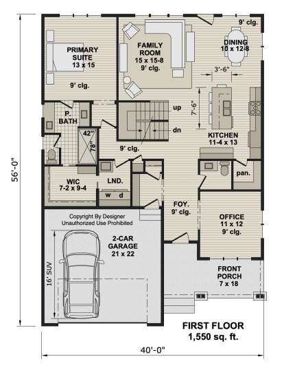 First-floor plan drawing with 1BR, 1.5BA, office, open kitchen/dining/family room, WIC, Ldry, 2-car garage, and porch. House Plan # 098-00731