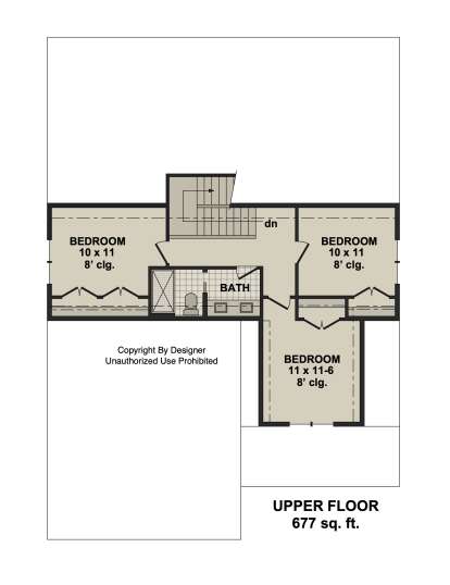 Upper-floor plan drawing with 3BR, 1BA, stairs, and 8' ceilings. House Plan # 098-00731