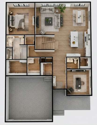 Main floor plan drawing with 1BR, 1.5BA, open kitchen, living, dining, office, 2-car garage, stairs, and WIC. House Plan # 098-00731