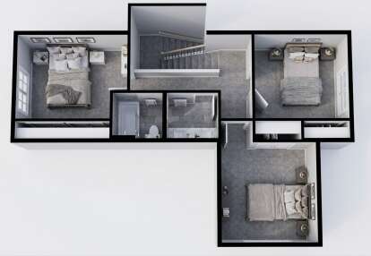 Second-floor plan drawing with 3BR, 1BA, stairs, and closets. House Plan # 098-00731