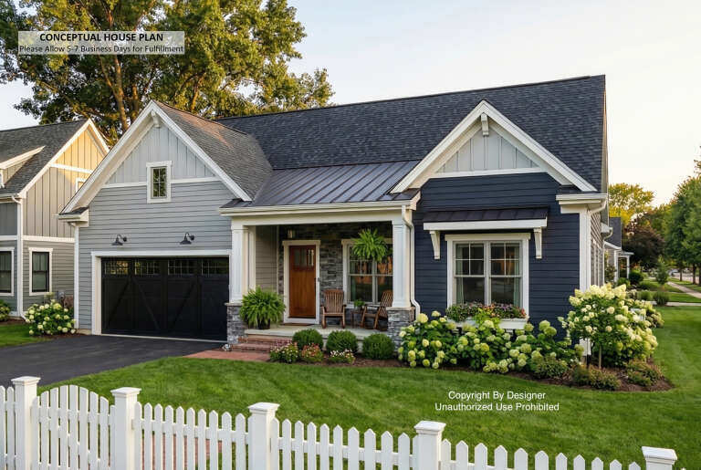 Front view of a blue and gray Modern Farmhouse, metal and shingle roof, stone accents, covered porch, and picket fence. House Plan # 098-00732