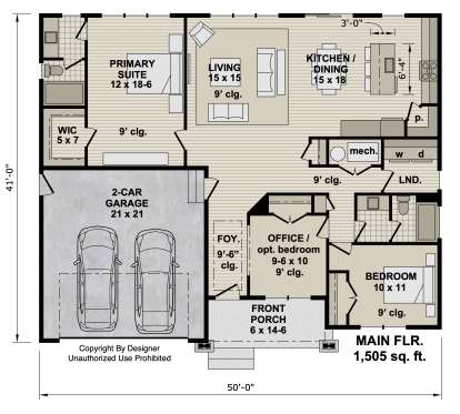 Main floor plan drawing with 2BR, 2BA, office, open kitchen/dining, living, WIC, Ldry, 2-car garage, and front porch. House Plan # 098-00732