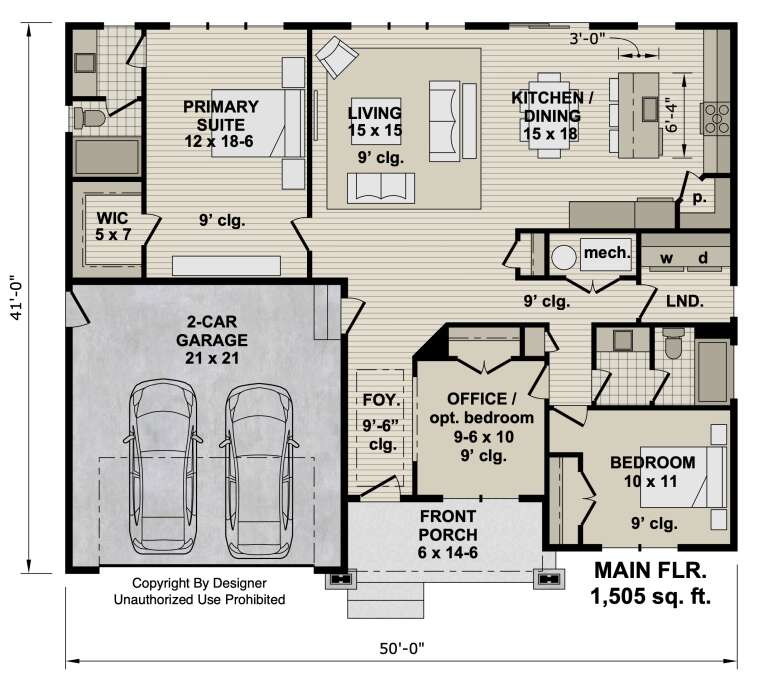 Main floor plan drawing with 2BR, 2BA, office, open kitchen/dining, living, WIC, Ldry, 2-car garage, and front porch. House Plan # 098-00732