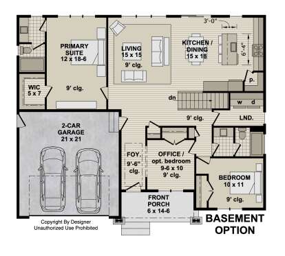 Main floor plan drawing with 2BR, 2BA, office, open kitchen/living, WIC, 2-car garage, Ldry, porch, and 9' ceilings. House Plan # 098-00732