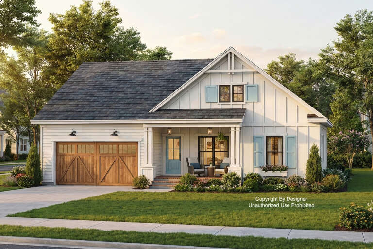 Front view of a white house in Modern Farmhouse style, wood garage doors, blue shutters, and a covered front porch. House Plan # 098-00733