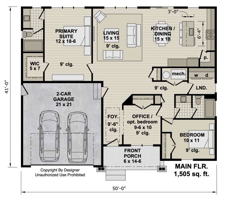 Main floor plan drawing with 2BR, 2BA, office, open kitchen/living, WIC, Ldry, 2-car garage, and front porch. House Plan # 098-00733