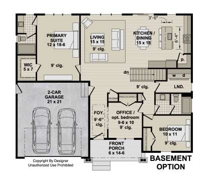 Main floor plan drawing with 2BR, 2BA, office, kitchen/dining, living, WIC, Ldry, 2-car garage, porch, and basement stairs. House Plan # 098-00733