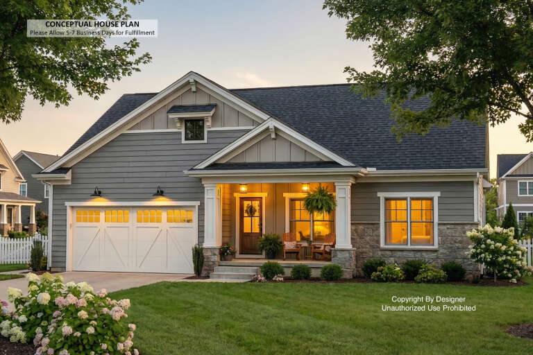 Front view of a gray Craftsman house, stone base, white garage doors, covered porch, and gabled roof. House Plan # 098-00734
