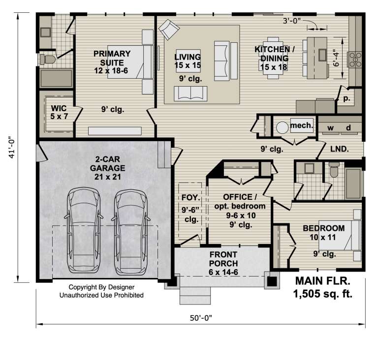 Main floor plan drawing with 2BR, 2BA, office, open kitchen/living, WIC, 2-car garage, Ldry, porch, and 9' ceilings. House Plan # 098-00734