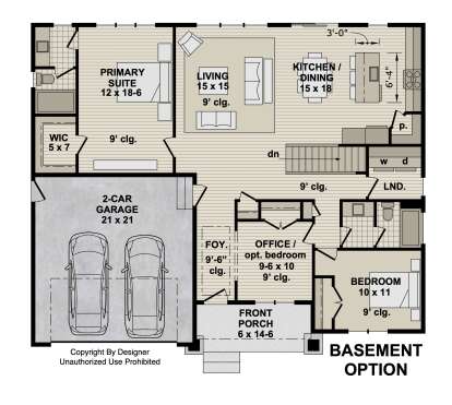 Main floor plan drawing with 2BR, 2BA, office, open kitchen/living, WIC, Ldry, 2-car garage, porch, and 9' ceilings. House Plan # 098-00734