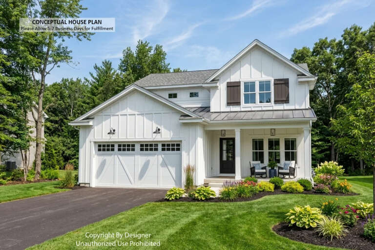 Angled front view of a white house in Modern Farmhouse style, board-and-batten siding, dark shutters, and covered porch. House Plan # 098-00735