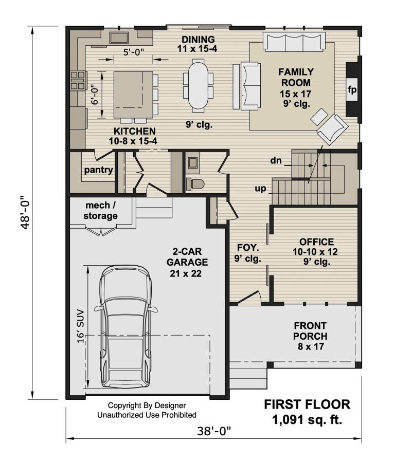 First-floor plan drawing with office, kitchen, dining, family room with fp, 2-car garage, pantry, stairs, and front porch. House Plan # 098-00735