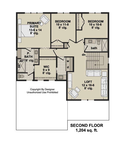 Second floor plan drawing with 3BR, 2BA, loft, WIC, Ldry, and stairs. All rooms feature 8' ceilings. House Plan # 098-00735