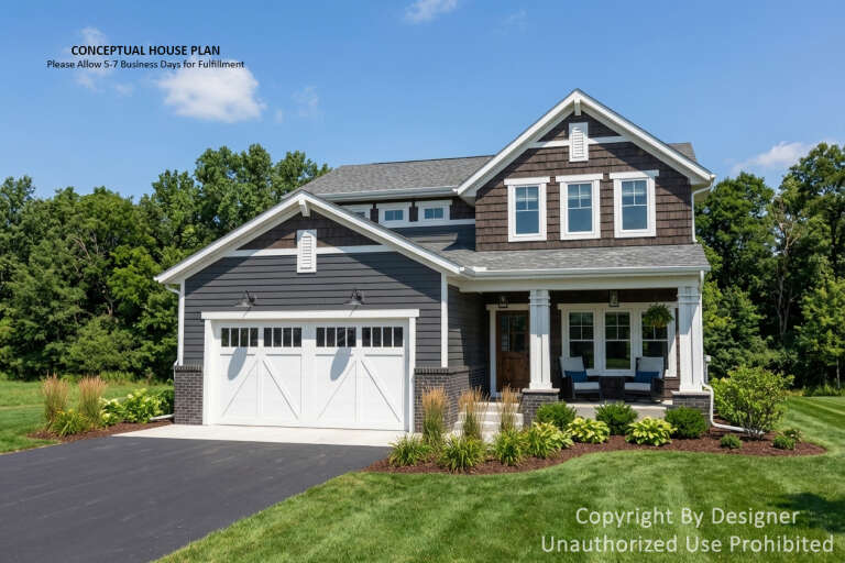 Angled front view of a grey Craftsman house, dark shake siding, white garage doors, covered porch, and gabled rooflines. House Plan # 098-00736