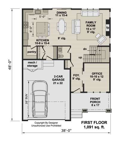 First-floor plan drawing with kitchen, dining, family room, fireplace, office, powder room, 2-car garage, and front porch. House Plan # 098-00736