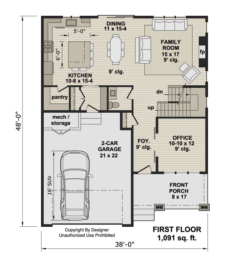 First-floor plan drawing with kitchen, dining, family room, fireplace, office, powder room, 2-car garage, and front porch. House Plan # 098-00736