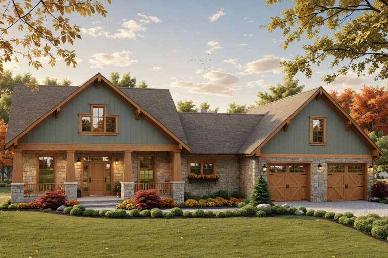 House Plan House Plan #3721 Angled Front Elevation - Fall