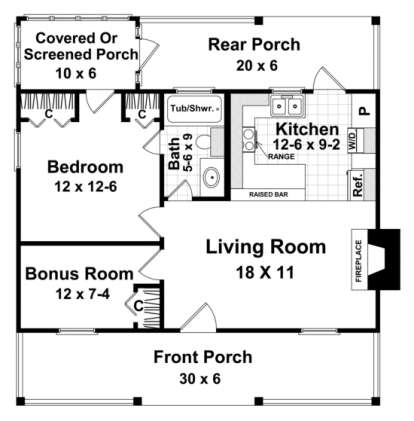 Cottage Plan: 600 Square Feet, 1 Bedroom, 1 Bathroom - 348-00166