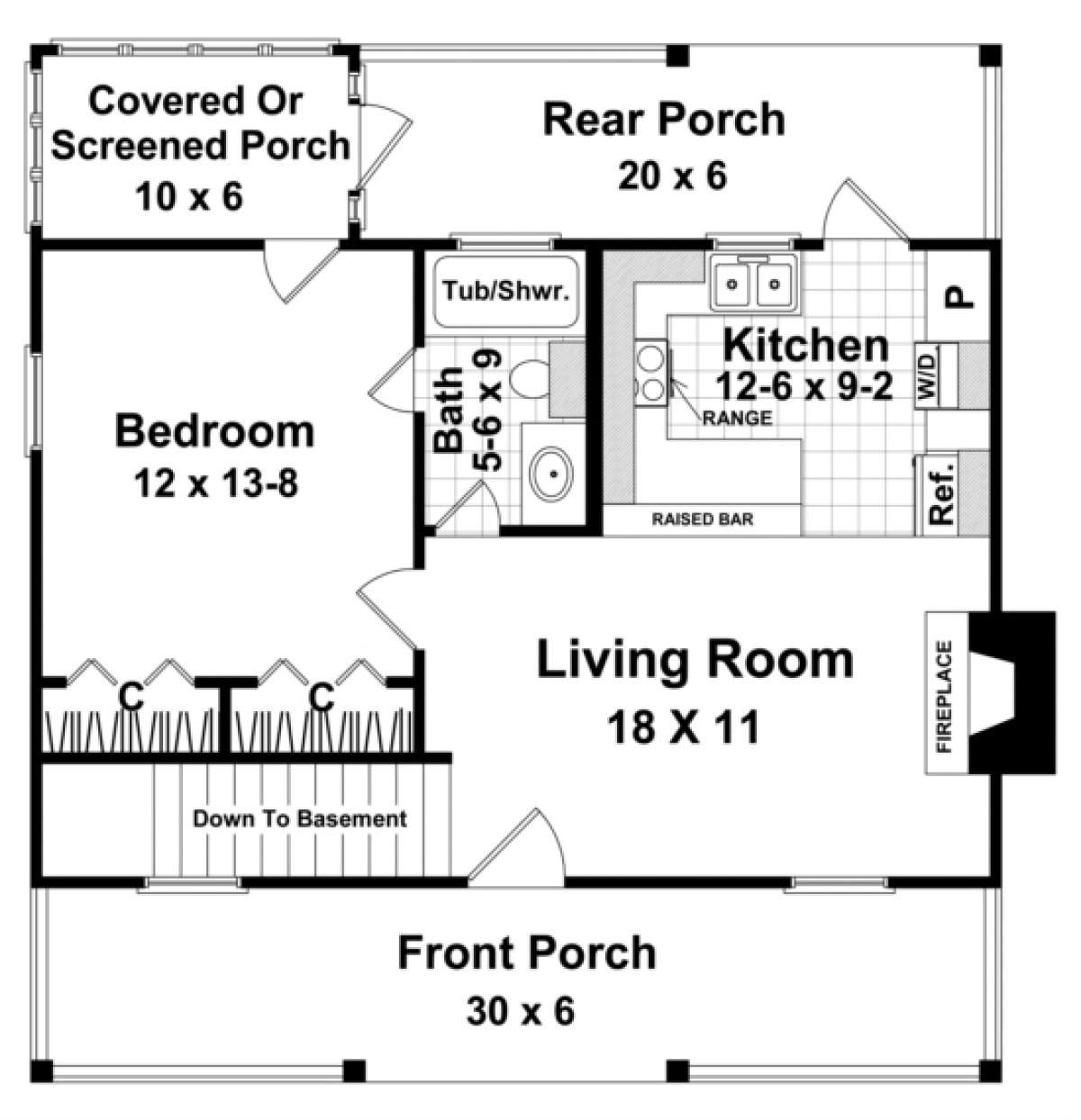 Cottage Plan: 600 Square Feet, 1 Bedroom, 1 Bathroom - 348-00166
