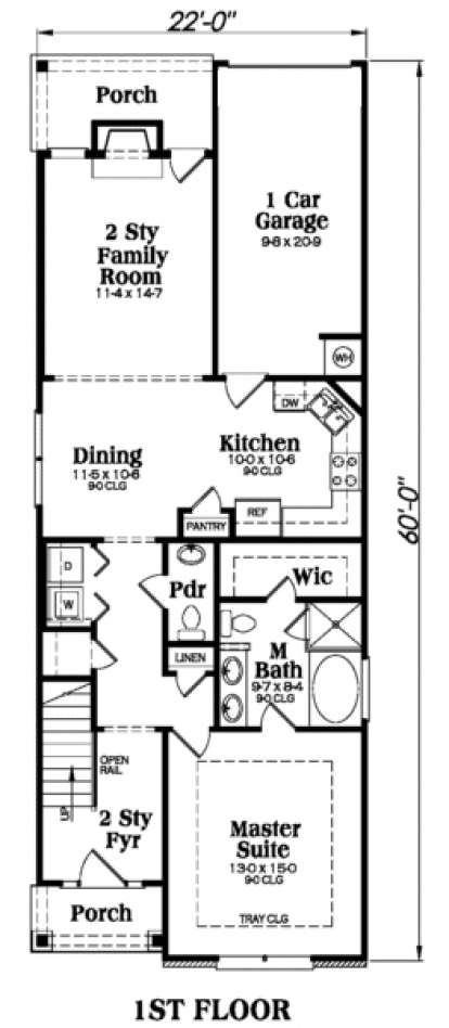 1st floor with master suite, kitchen, dining, 2-story family room, powder room, WIC, laundry, 1-car garage, and porches. House Plan # 009-00023 Main Floor Floor Plan Drawing by America's Best House Plans, Inc.