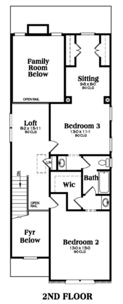 2nd floor with 2 bedrooms, loft, sitting room, shared bath, WIC, stairs, and open-to-below family room and foyer. House Plan # 009-00023 Second Floor Floor Plan Drawing by America's Best House Plans, Inc.