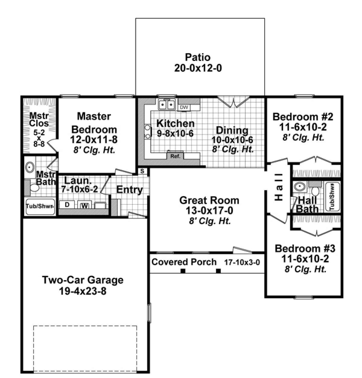 Floor plan for Ranch Plan: 1,200 Square Feet, 3 Bedrooms, 2 Bathrooms