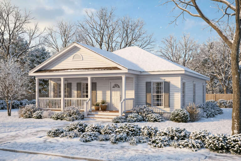 House Plan House Plan #5140 Angled Front Elevation - Winter