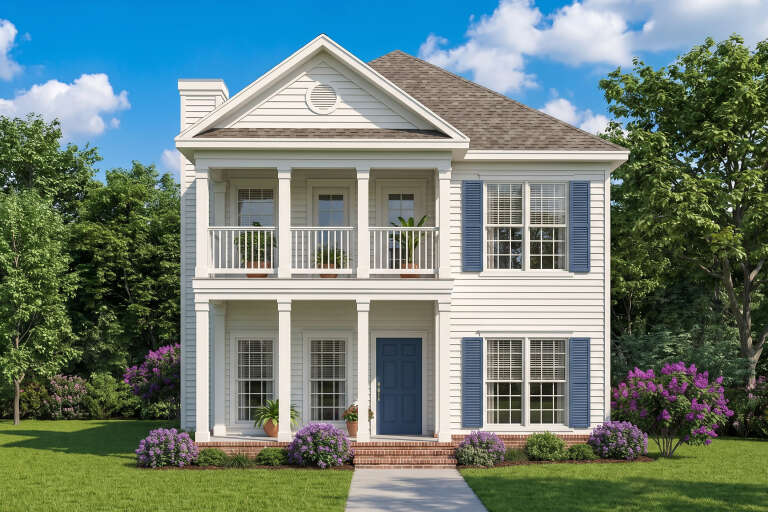 Off-white Colonial, two-story front porch, blue shutters and door, brick steps, lap siding, and lush garden landscaping. House Plan # 110-00319 Digital Rendering by America's Best House Plans, Inc.