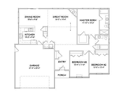 Main Floor: 3BR, 2BA, Great Room with fireplace, Kitchen, Dining, Entry, Ldry, 2-car garage, Porch, WIC in Master. House Plan # 849-00066 Main Floor  Floor Plan Drawing by America's Best House Plans, Inc.