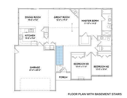 3BR, 2BA, Great Room w/ fireplace, Kitchen, Dining, 2-car garage, Porch, WIC, Ldry. Main Floor w/ Basement Stairs Location. House Plan # 849-00066 Main Floor w/ Basement Stairs Location Floor Plan Drawing by America's Best House Plans, Inc.