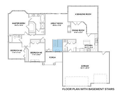 Main Floor w/ Basement Stairs: 3BR, 2.5BA, Great Rm, Kitchen, Dining, 4 Seasons Rm, 3-car garage, Porch, WIC, Fireplace. House Plan # 849-00067 Main Floor w/ Basement Stairs Location Floor Plan Drawing by America's Best House Plans, Inc.