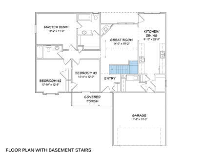 Main Floor w/ Basement Stairs: 3BR, 2BA, Great Room w/ fireplace, Kitchen/Dining, Entry, Ldry, 2-car garage, Covered Porch. House Plan # 849-00068 Main Floor w/ Basement Stairs Location Floor Plan Drawing by America's Best House Plans, Inc.