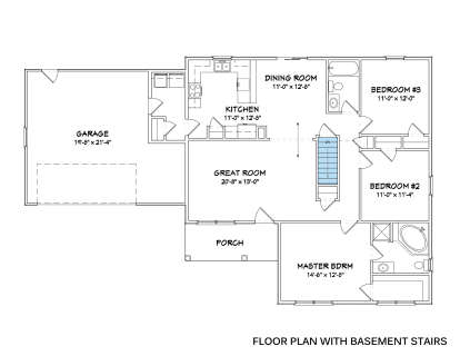 3BR, 2BA, Great Room, Kitchen, Dining, 2-car garage, Porch, Basement stairs. Master suite w/ WIC & bath. Unheated: garage. House Plan # 849-00069 Main Floor w/ Basement Stairs Location Floor Plan Drawing by America's Best House Plans, Inc.