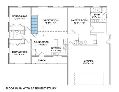 Main Floor w/ Basement Stairs: 3BR, 2BA, Great Room, Dining, Kitchen, 2-car garage, Porch. WIC, stairs. Unheated: garage, porch. House Plan # 849-00070 Main Floor w/ Basement Stairs Location Floor Plan Drawing by America's Best House Plans, Inc.