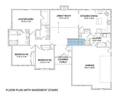 Main Floor w/ Basement Stairs: 3BR, 2.5BA, Great Room w/ fireplace, Kitchen/Dining, Ldry, 2-car garage, Covered Porch. House Plan # 849-00071 Main Floor w/ Basement Stairs Location Floor Plan Drawing by America's Best House Plans, Inc.
