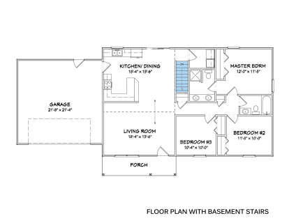 Main Floor w/ Basement Stairs: 3BR, 2BA, Kitchen/Dining, Living Room, 2-car garage, Porch, WIC. Unheated: garage, porch. House Plan # 849-00072 Main Floor w/ Basement Stairs Location Floor Plan Drawing by America's Best House Plans, Inc.