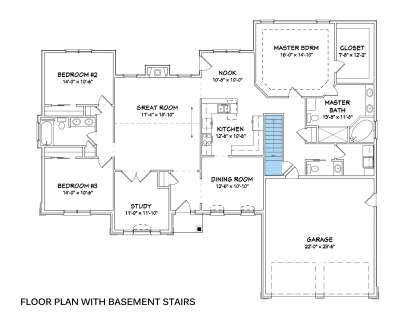 Main Floor w/ Basement Stairs: 3BR, 2.5BA, Great Room w/ fireplace, Kitchen, Nook, Dining, Study, 2-car garage, WIC. House Plan # 849-00073 Main Floor w/ Basement Stairs Location Floor Plan Drawing by America's Best House Plans, Inc.