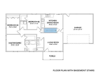 Main Floor w/ Basement Stairs: 3BR, 2BA, Living, Kitchen/Dining, 2-car garage, Porch, closets. Unheated: garage, porch. House Plan # 849-00074 Main Floor w/ Basement Stairs Location Floor Plan Drawing by America's Best House Plans, Inc.