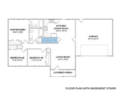 Main Floor w/ Basement Stairs: 3BR, 2BA, Living Room, Kitchen/Dining, 2-car garage, covered porch. Unheated: garage, porch. House Plan # 849-00075 Main Floor w/ Basement Stairs Location Floor Plan Drawing by America's Best House Plans, Inc.
