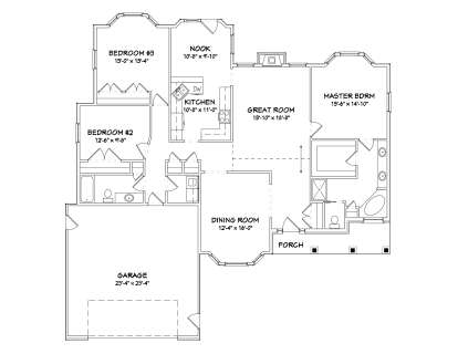 Main Floor: 3BR, 2BA, Great Room with fireplace, Kitchen, Nook, Dining, 2-car garage, Porch, WIC, closets. House Plan # 849-00076 Main Floor  Floor Plan Drawing by America's Best House Plans, Inc.