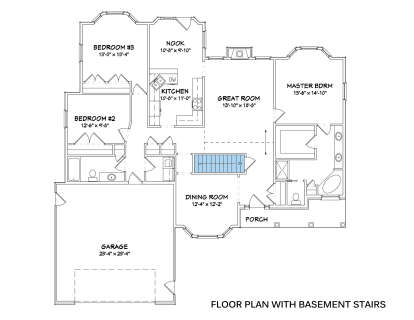 Main Floor w/ Basement Stairs: 3BR, 2BA, Great Room w/ fireplace, Kitchen, Nook, Dining, 2-car garage, Porch, WIC. House Plan # 849-00076 Main Floor w/ Basement Stairs Location Floor Plan Drawing by America's Best House Plans, Inc.
