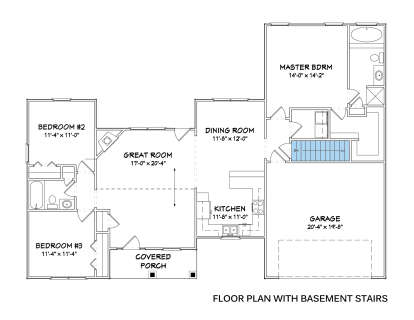 Main Floor w/ Basement Stairs: 3BR, 2BA, Great Room w/ fireplace, Dining, Kitchen, 2-car garage, Covered Porch, WIC. House Plan # 849-00077 Main Floor w/ Basement Stairs Location Floor Plan Drawing by America's Best House Plans, Inc.