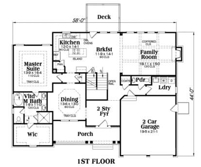 Main floor with master suite, kitchen with island, family room with coffered ceiling, dining, laundry, and 2-car garage. House Plan # 009-00048 Main Floor Floor Plan Drawing by America's Best House Plans, Inc.