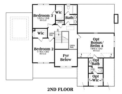 Second floor with 2 bedrooms, shared bath, WICs, open rail, foyer overlook, and optional bonus room with bath and WIC. House Plan # 009-00048 Second Floor Floor Plan Drawing by America's Best House Plans, Inc.